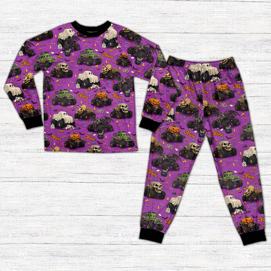 Halloween monster trucks pajama set with pumpkins and bats on orange background