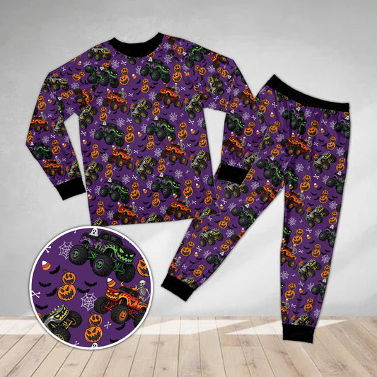 Halloween monster trucks pajama set matching family pajamas in purple, main view