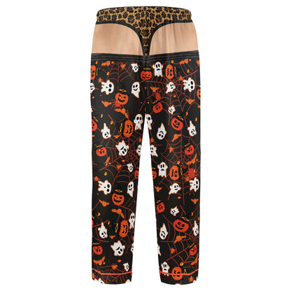 Back view of adult Halloween pajama set with spooky ghost and pumpkin pattern