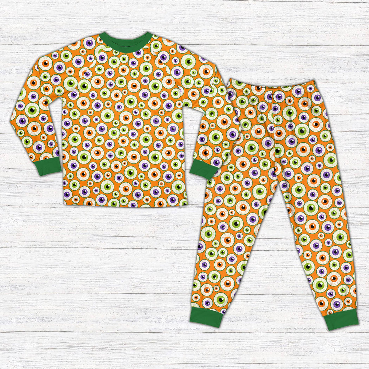 Halloween pajama set featuring a colorful eyeball print, main view