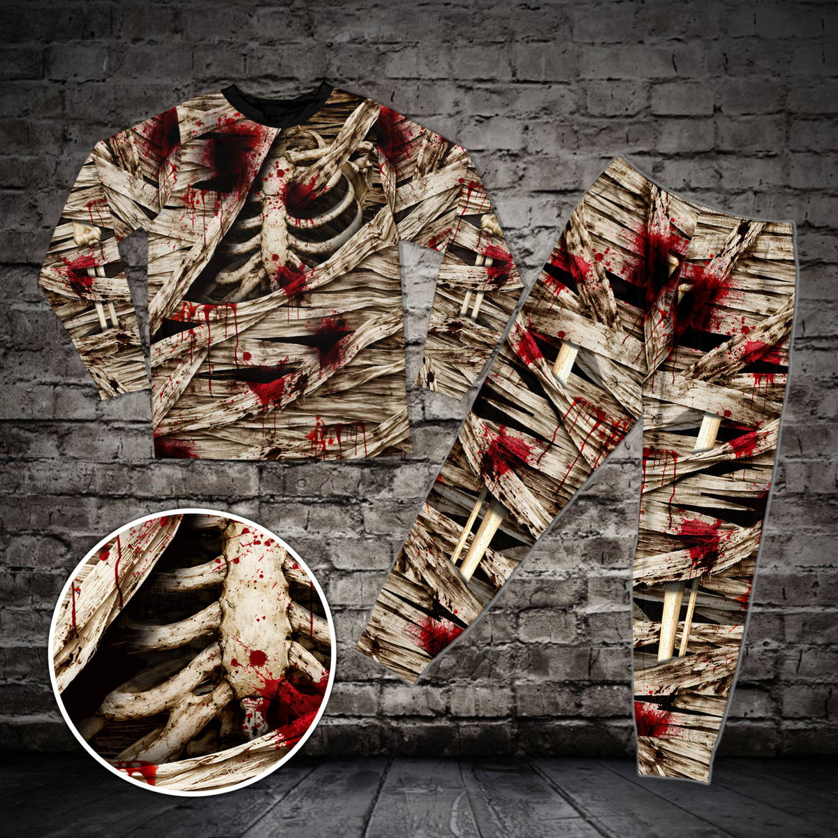 Front view of the mummy and zombie themed matching family pajama set