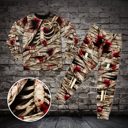 Front view of the mummy and zombie themed matching family pajama set