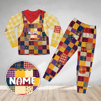 Personalized halloween pajama set with custom name and overall print, main view