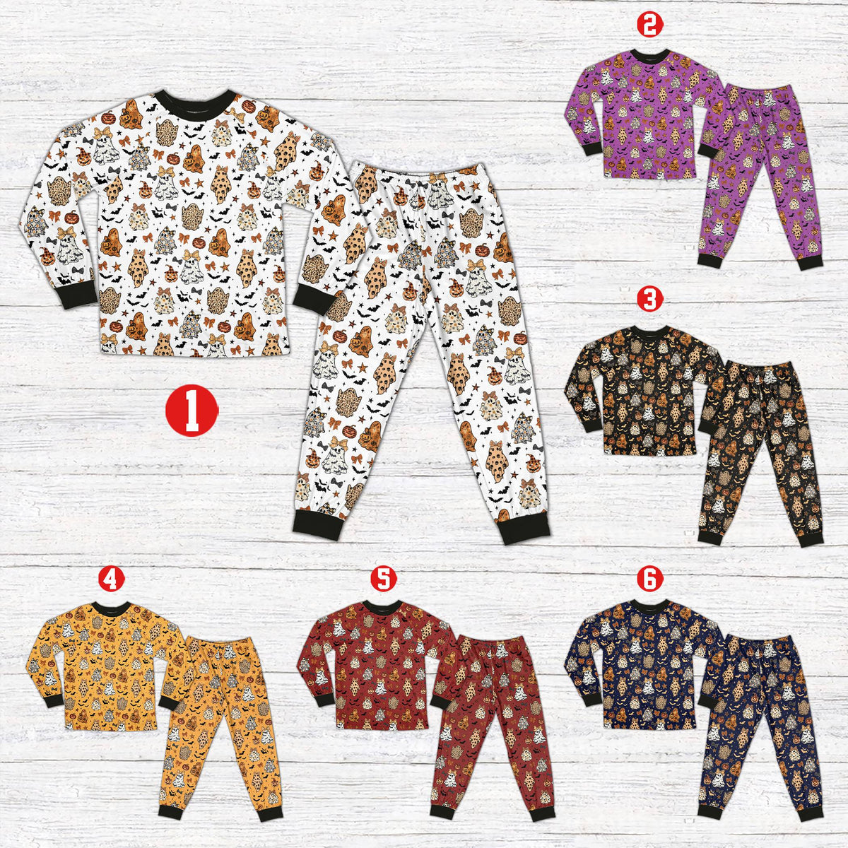 Multicolor matching family holiday pajamas with spooky design, front view