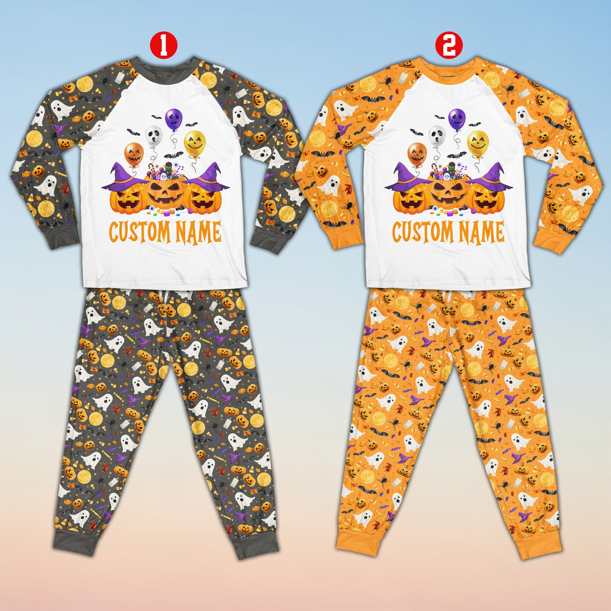 Front view of the Halloween pajama set top and patterned pants