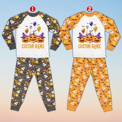 Front view of the Halloween pajama set top and patterned pants