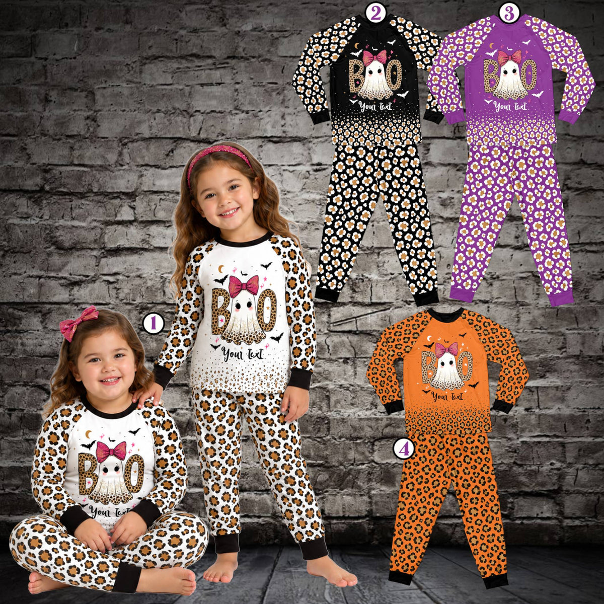 Front view of multicolor halloween pajama set featuring ghost and leopard print