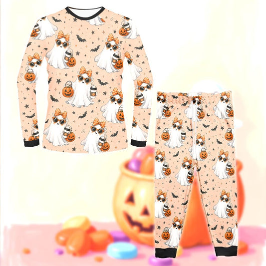 Matching family Halloween pajama set featuring cute ghosts on a peach background, front view