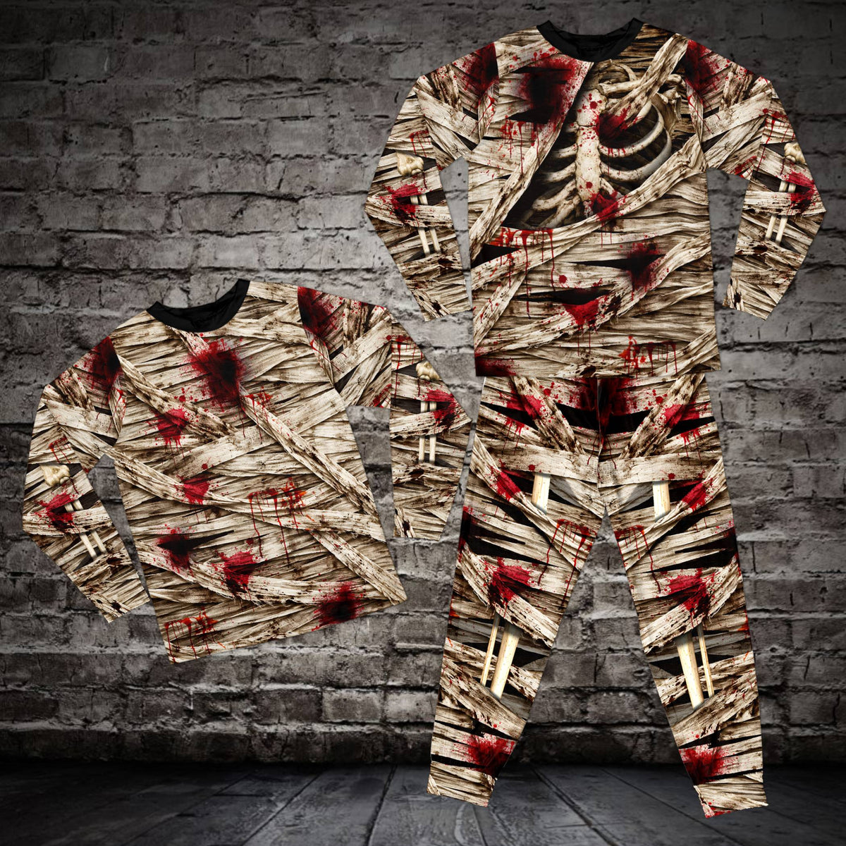 Detailed front view of the blood-stained bandage and skeleton pajama set