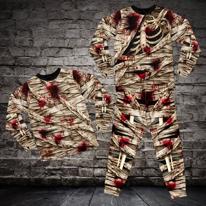 Detailed front view of the blood-stained bandage and skeleton pajama set