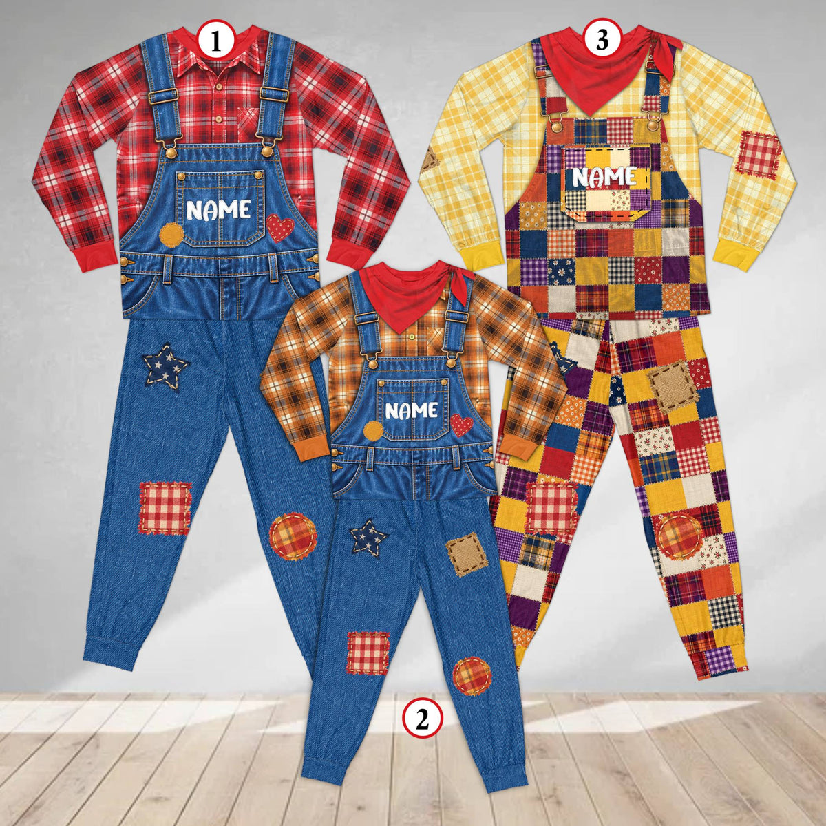 Detailed front view of the printed overalls and bandana necktie design