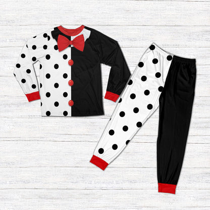 Multicolor matching pajamas for family featuring clown details, front view 2