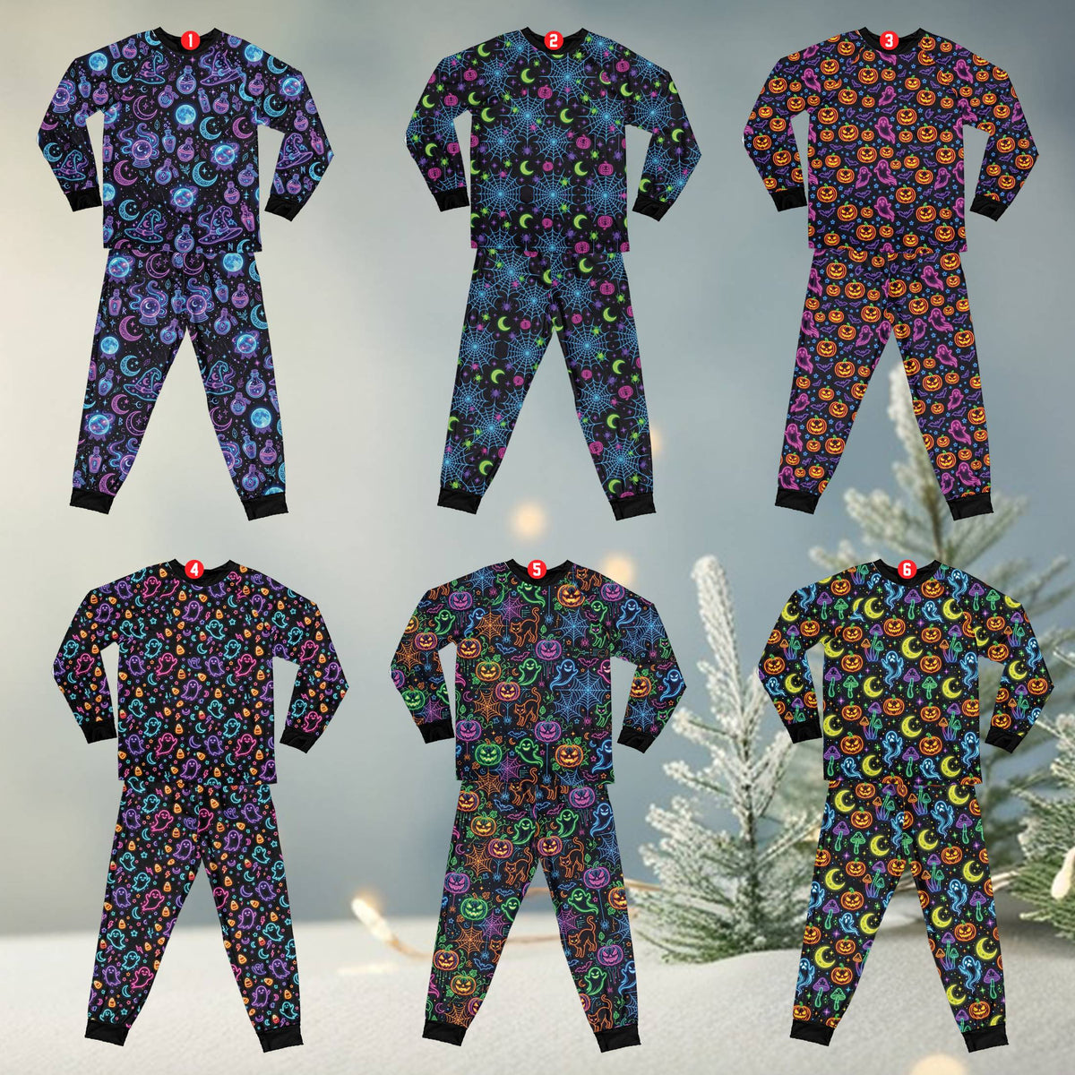 Front view showing the bright neon ghost and pumpkin pattern on the pajama set