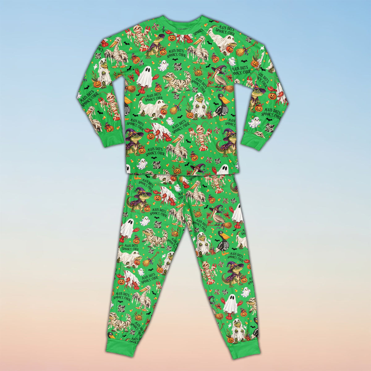 Front view of the matching family pajama set showing the all-over spooky bayou print