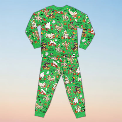 Front view of the matching family pajama set showing the all-over spooky bayou print