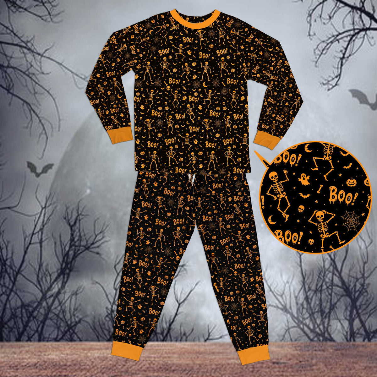 Detailed front view of the Halloween pajama set
