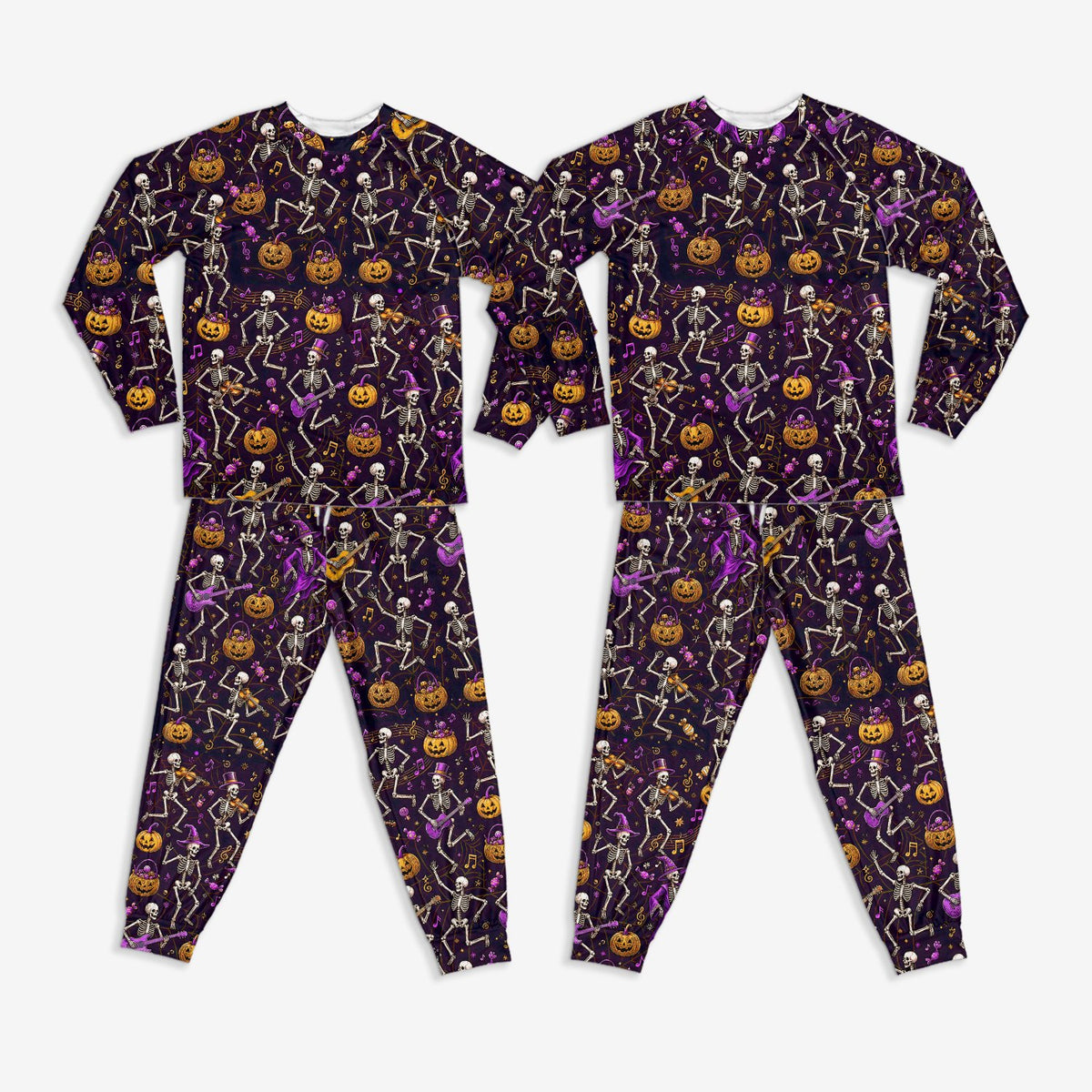 Alternative front view of the Halloween pajama set showing the skeleton and jack-o'-lantern print