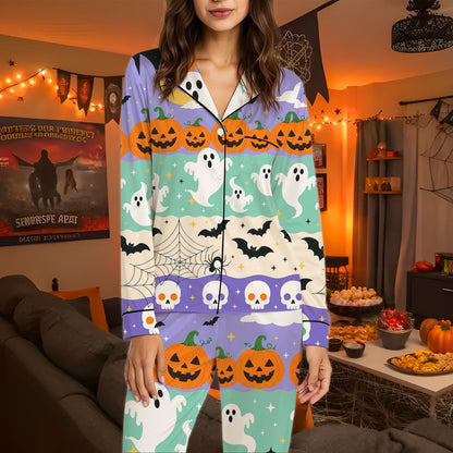 Another front view of the Halloween pajama set showing purple, green, and cream bands