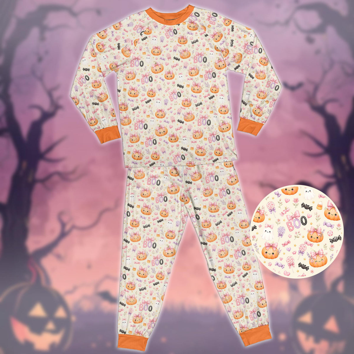 Additional front view showing the detailed halloween pattern on the pajama set