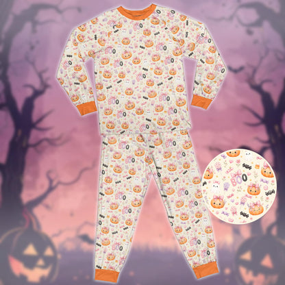Additional front view showing the detailed halloween pattern on the pajama set
