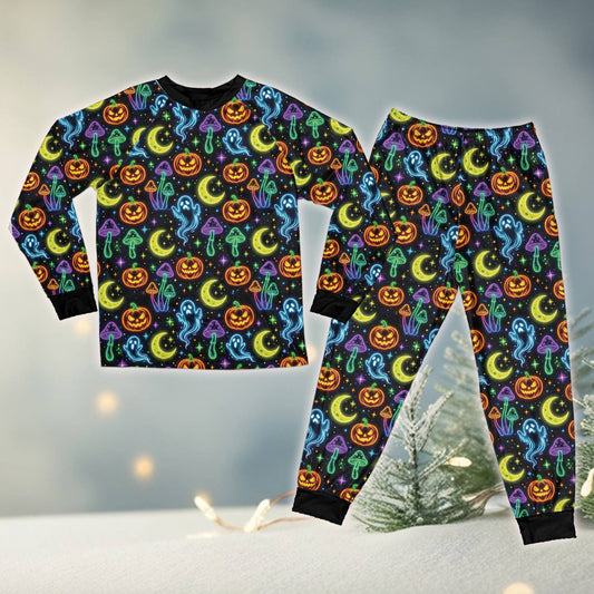 Matching family pajama set featuring neon Halloween motifs on a black background