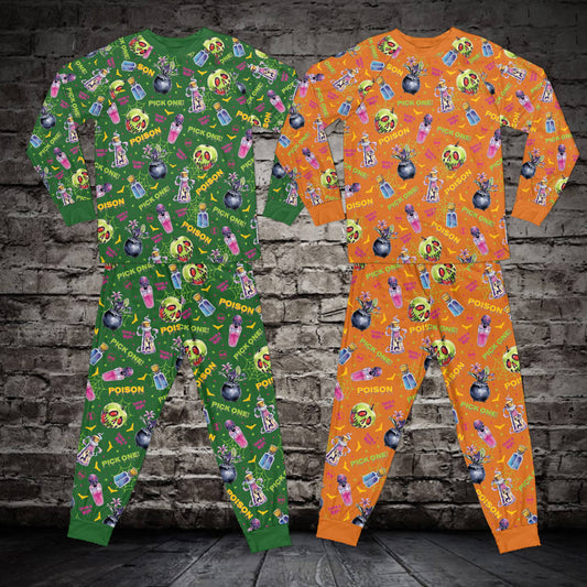 Family matching holiday pajamas featuring Halloween potion and skull motifs, main view