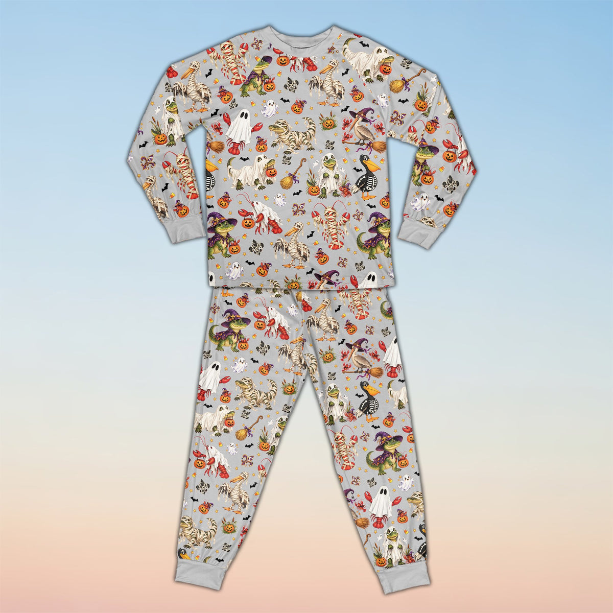 Matching holiday family pajamas featuring a Halloween bayou design with custom name and number, main view