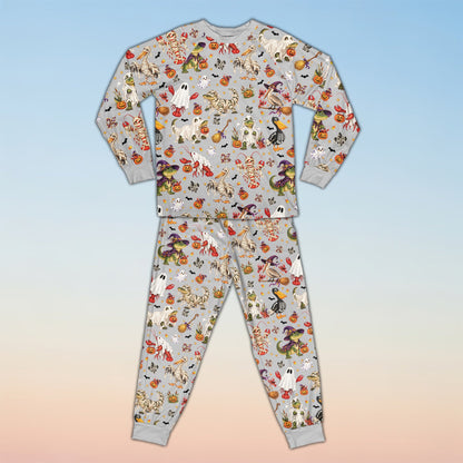 Matching holiday family pajamas featuring a Halloween bayou design with custom name and number, main view