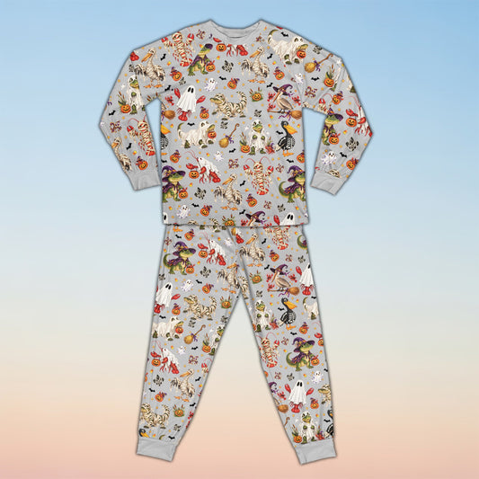 Matching holiday family pajamas featuring a Halloween bayou design with custom name and number, main view