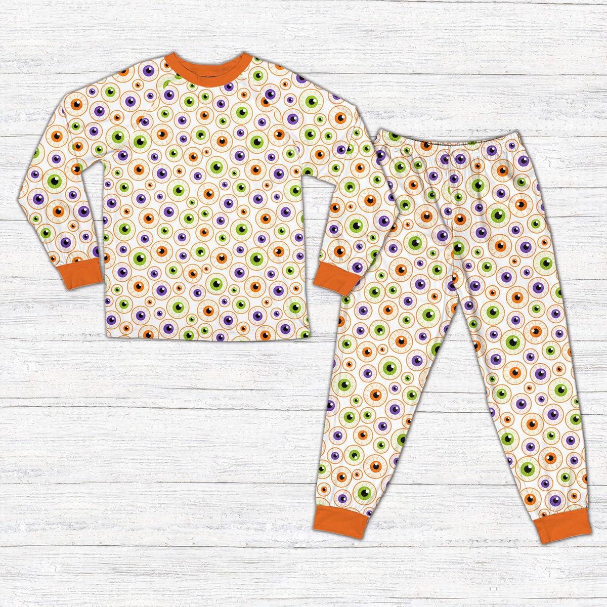 Halloween pajama set featuring a colorful eyeball print, front view alternative