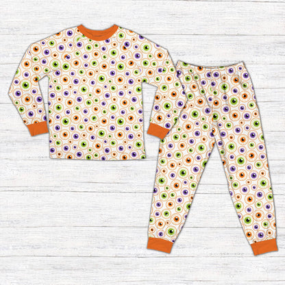 Halloween pajama set featuring a colorful eyeball print, front view alternative