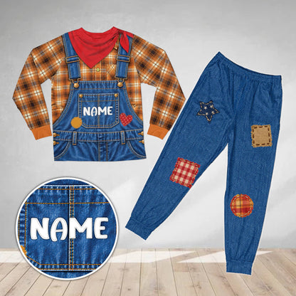 Close up front view of the custom name on the chest pocket of the pajama set