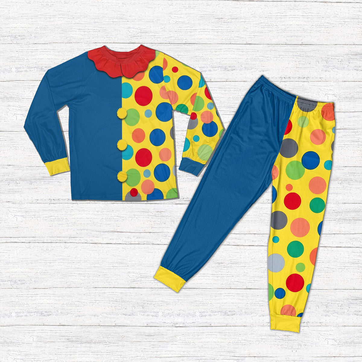 Multicolor clown costume family pajamas matching set, front view 3