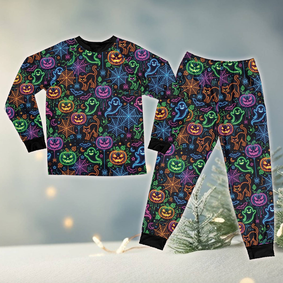 Front view highlighting the neon candy corn and bats design on the pajamas