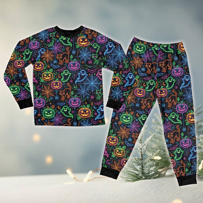 Front view highlighting the neon candy corn and bats design on the pajamas