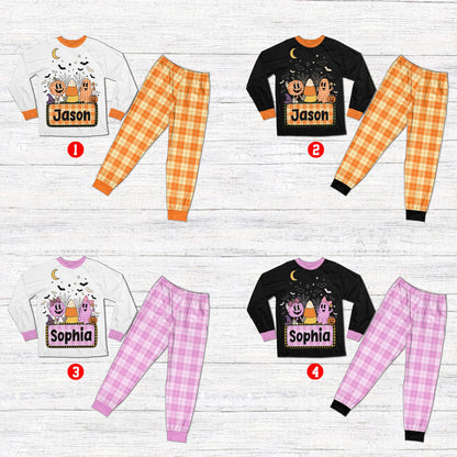 Front view of the personalized Halloween pajama set with multicolor design elements