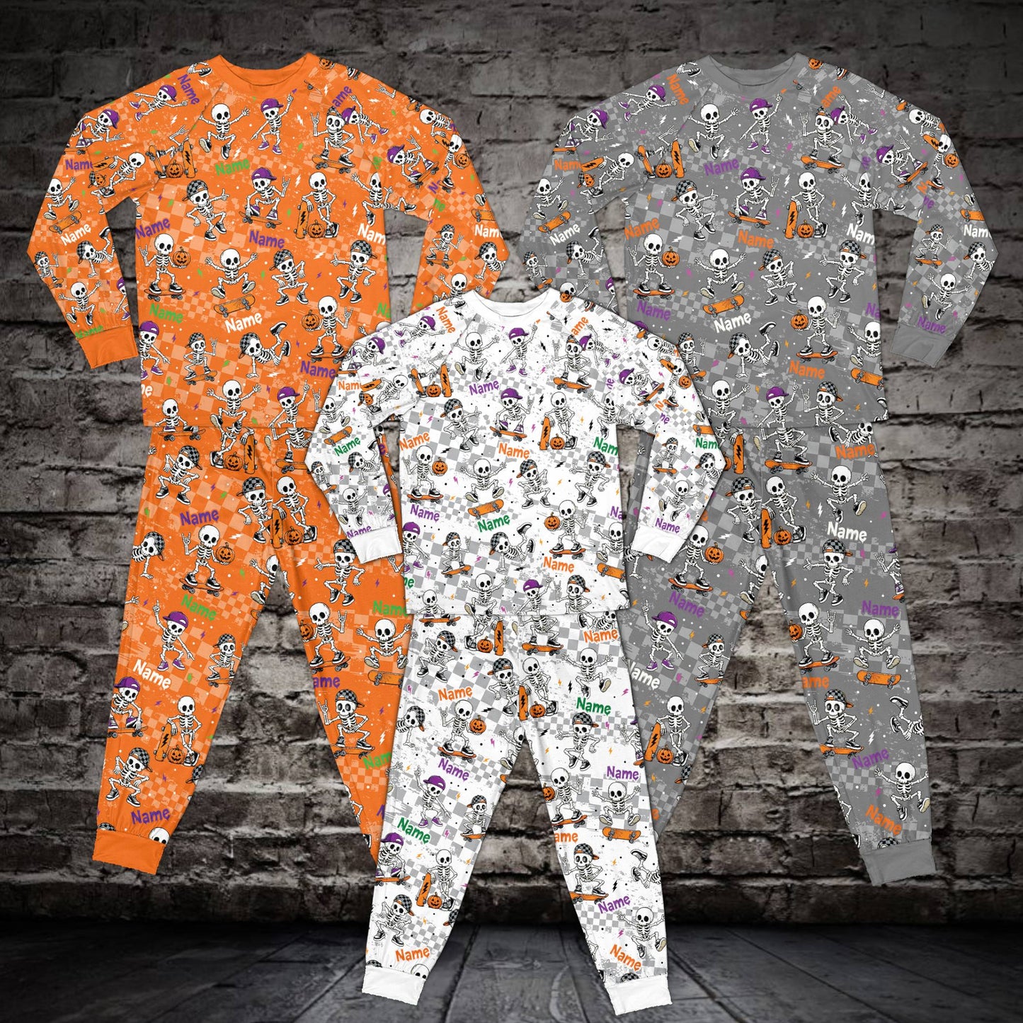 Front view of the multicolor Halloween family pajama set with custom text.