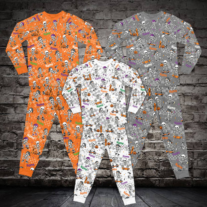 Front view of the multicolor Halloween family pajama set with custom text.
