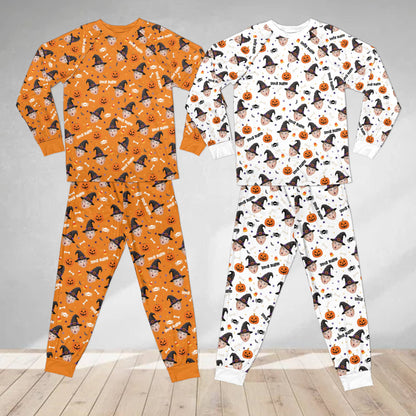 Front view of the multicolor personalized Halloween pajama set