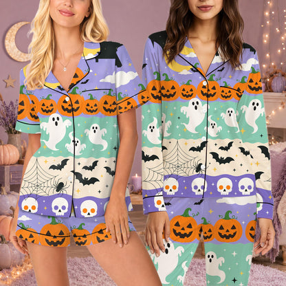 Lifestyle view of a family wearing the matching Halloween pajama set