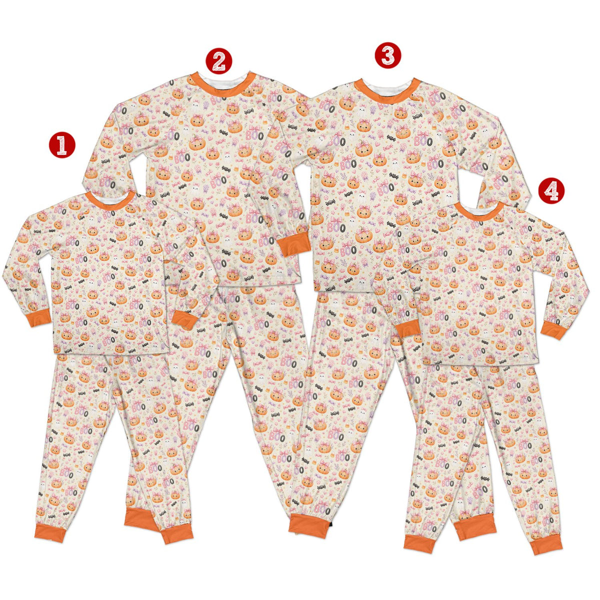 Close up front view of the halloween pajama set highlighting the word BOO and bats