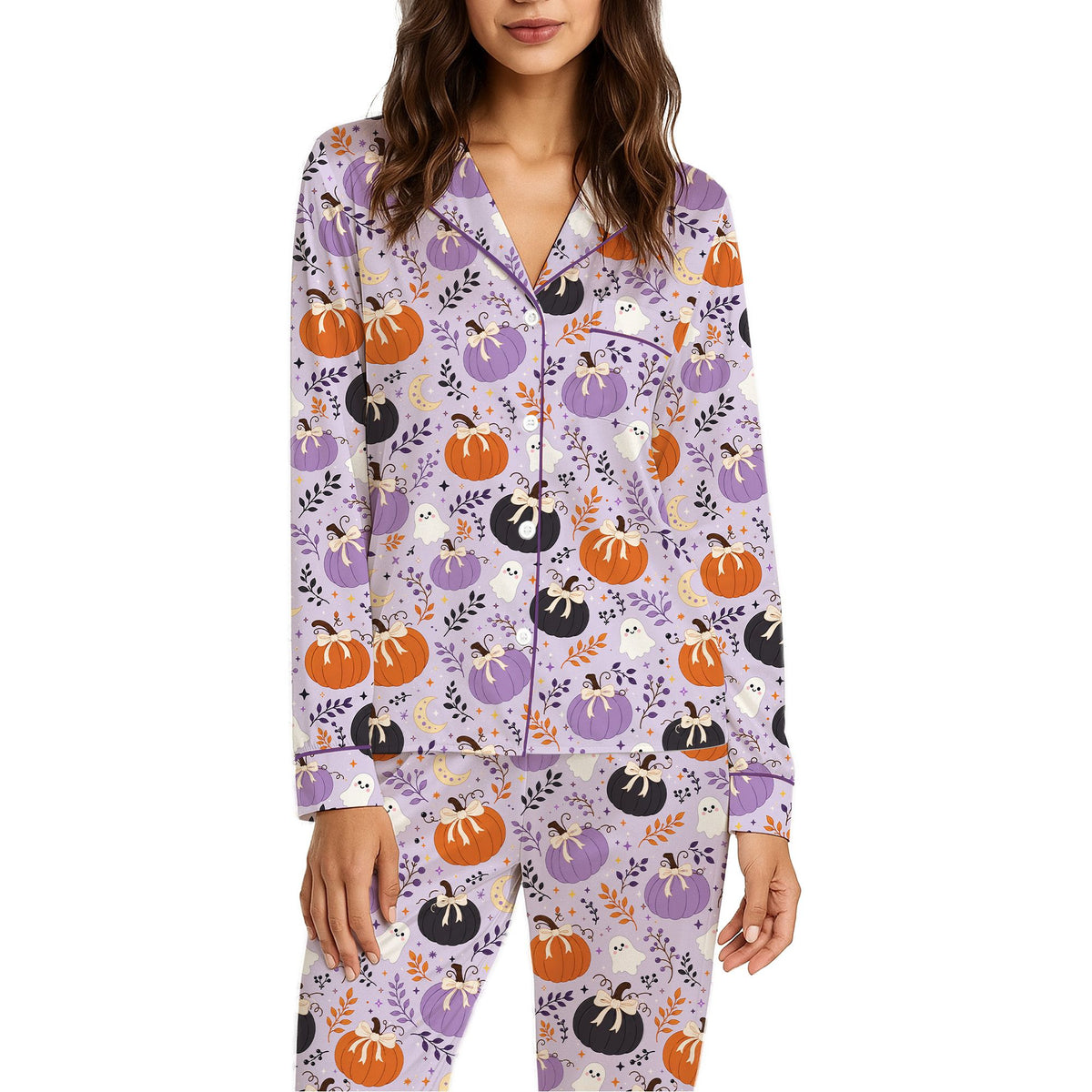 Close-up front view of the light purple halloween pajama top