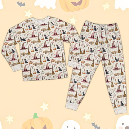 Detailed view of the Halloween pajama set fabric and print