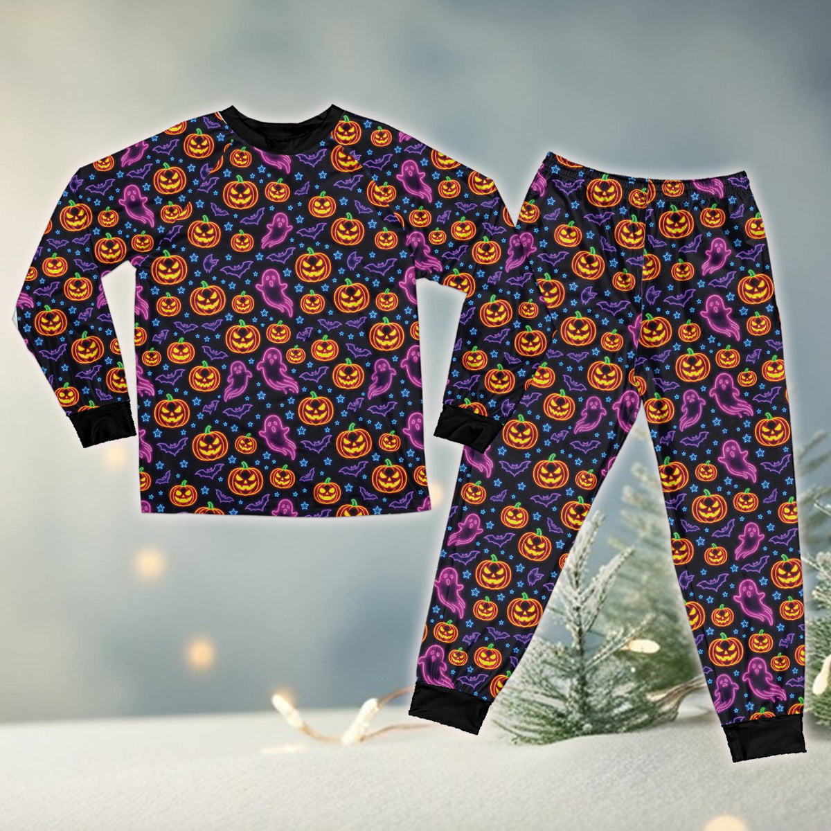 Front view of the neon spiderweb and star motifs on the black pajama set
