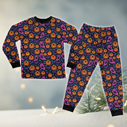 Front view of the neon spiderweb and star motifs on the black pajama set