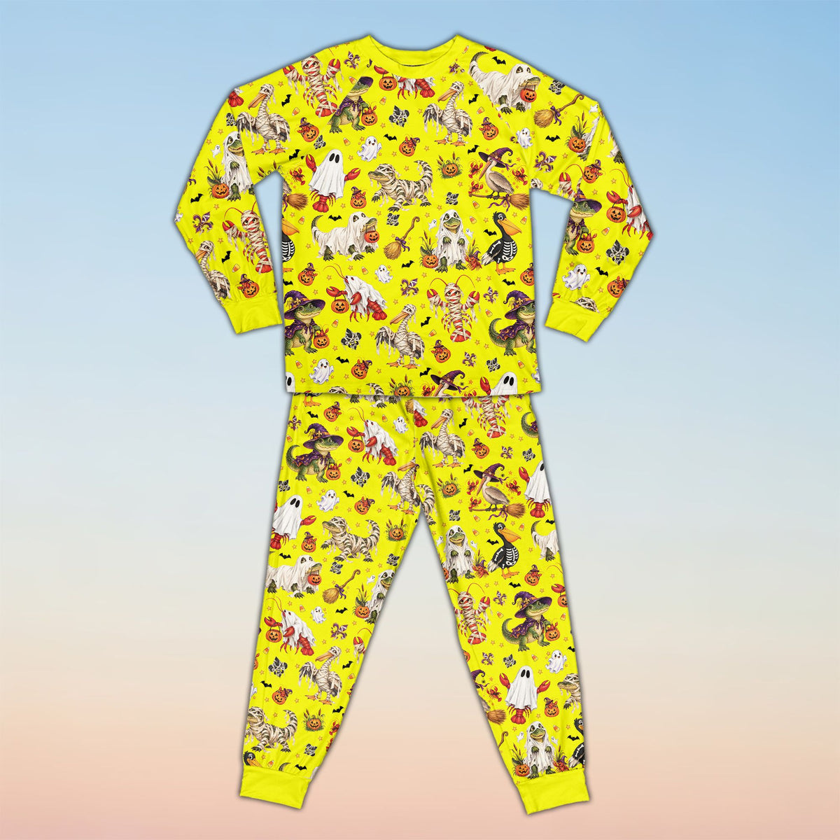 Detailed front view of the personalized Halloween holiday matching pajamas