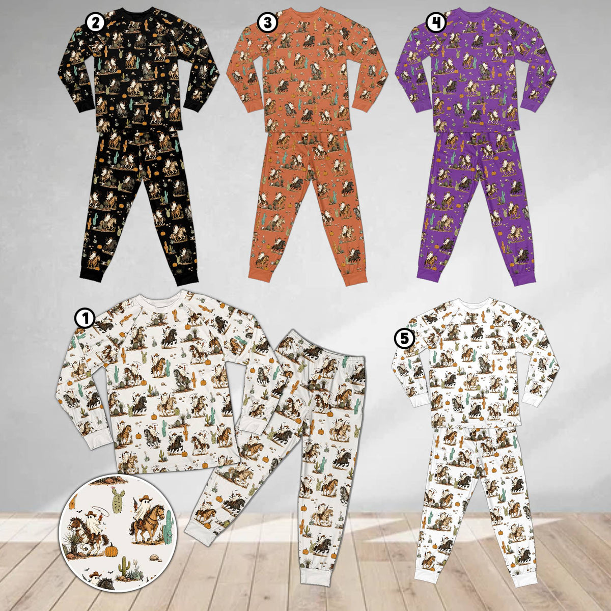 Ghost cowboy riding a horse print on Halloween pajamas, front view