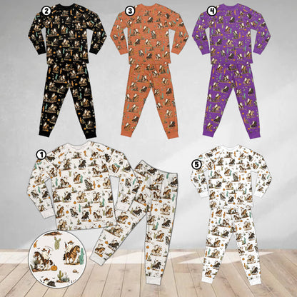 Ghost cowboy riding a horse print on Halloween pajamas, front view
