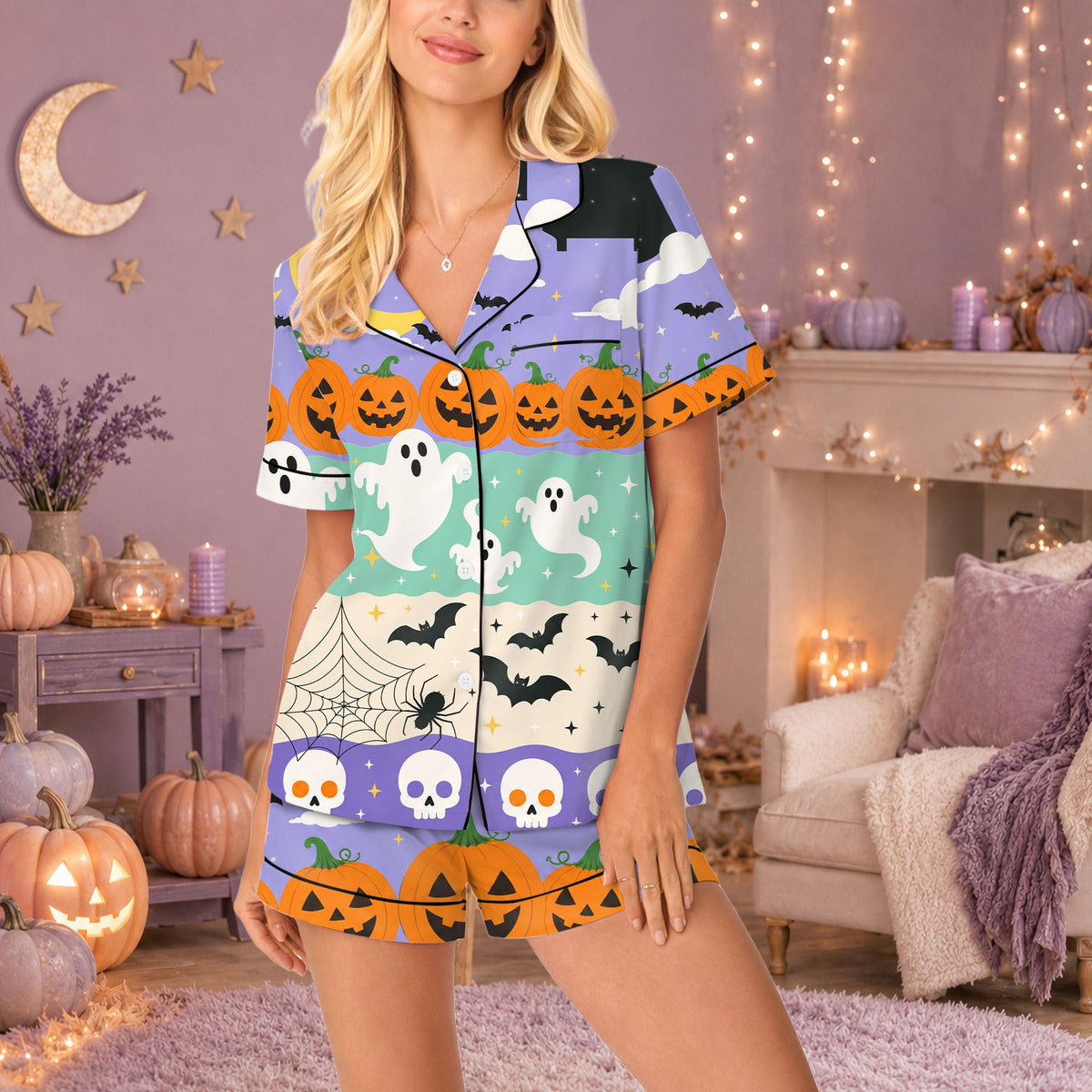 Lifestyle view showing the Halloween pajama set being worn