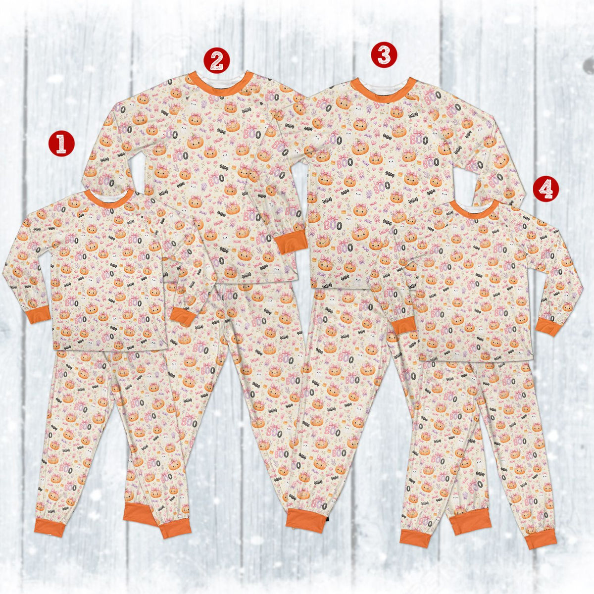 Full front view of the matching family holiday pajamas in cream and orange